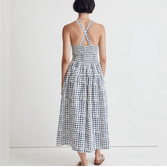 Madewell Blue and Cream Smocked Halter Midi Dress - Picture 3 of 6